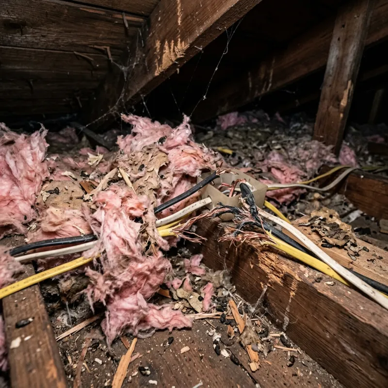 Contaminated ceiling insulation being assessed in a Malvern roof space