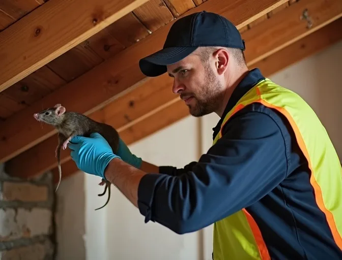 Technician inspecting a roof cavity for a dead rat in Malvern